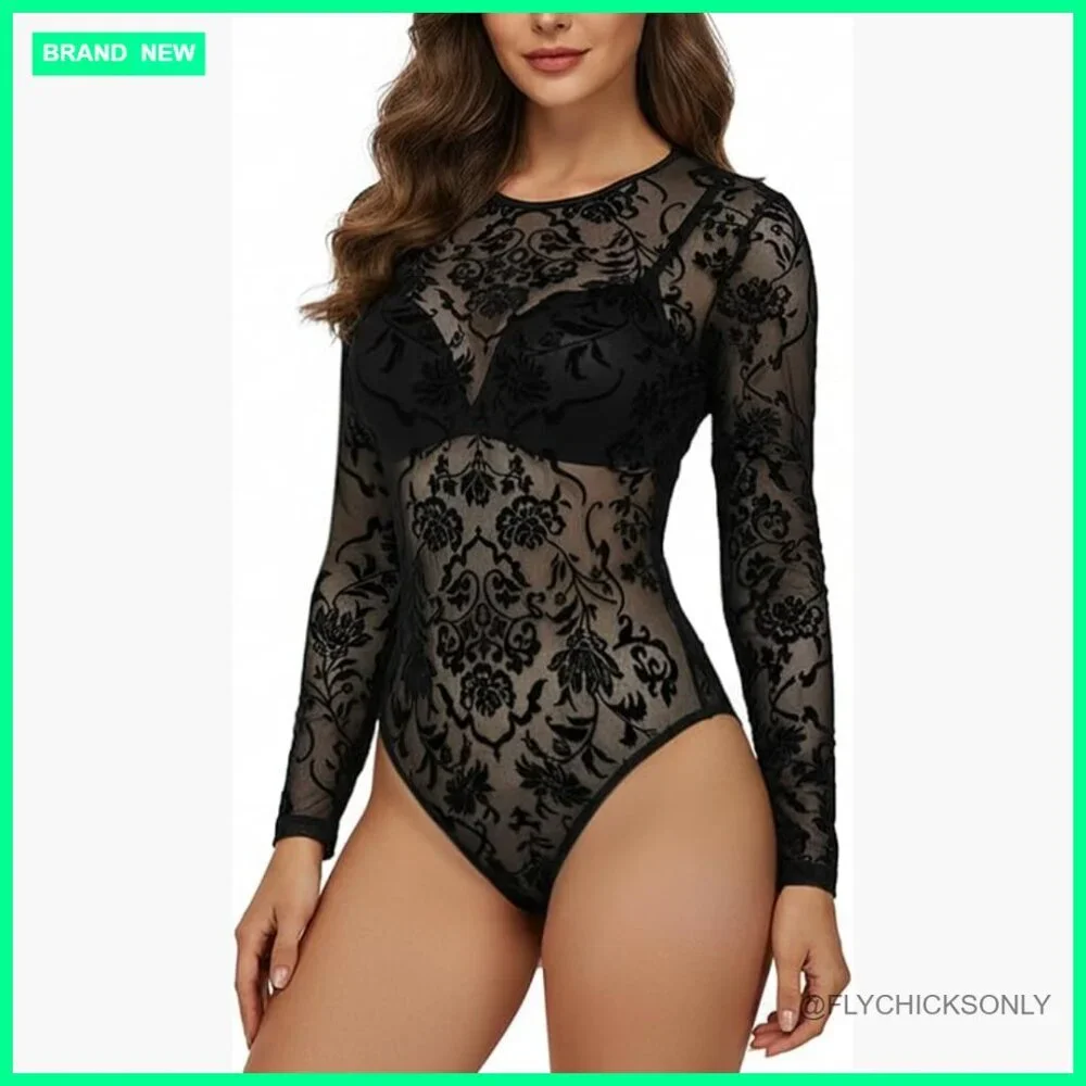 Sheer Lace Mesh Bodysuit Long Sleeve Snap Crotch Flocked Floral